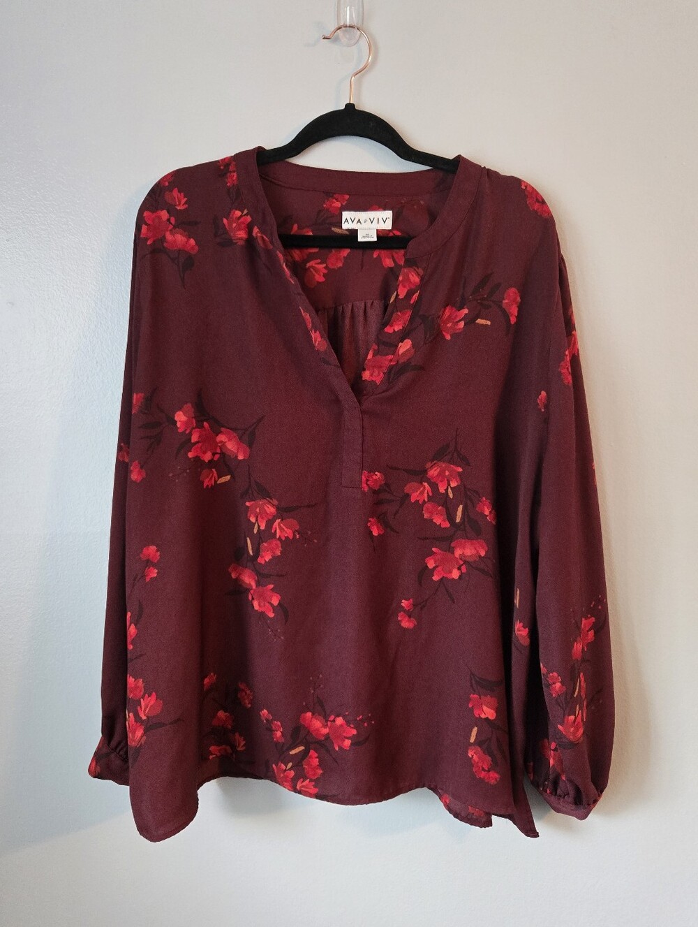 Ava & Viv Maroon Burgundy Floral Blouse V Neck Long Bishop Sleeve Size 2X